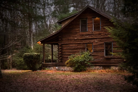 Warmly lit wooden A-frame chalet standing among evergreen pine trees in a misty forest